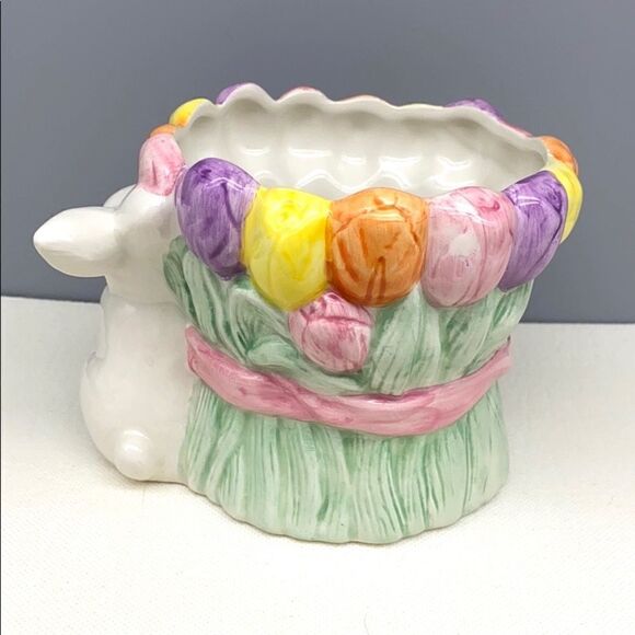 NWOT Palm Tree Ceramic Flower Pot Planter Easter Bunny - Picture 2 of 5